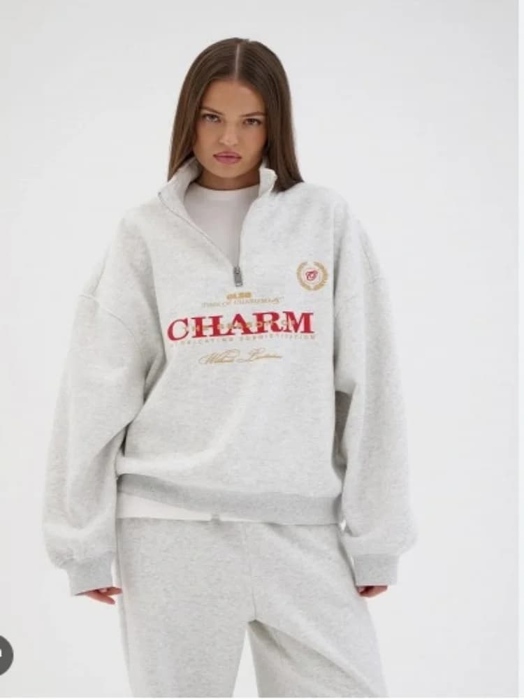 European Retro Badge Letter Printed Half-Zip Lapel Sweater Y2K Fashion Personality Casual Simple Style Sports Women's Streetwear