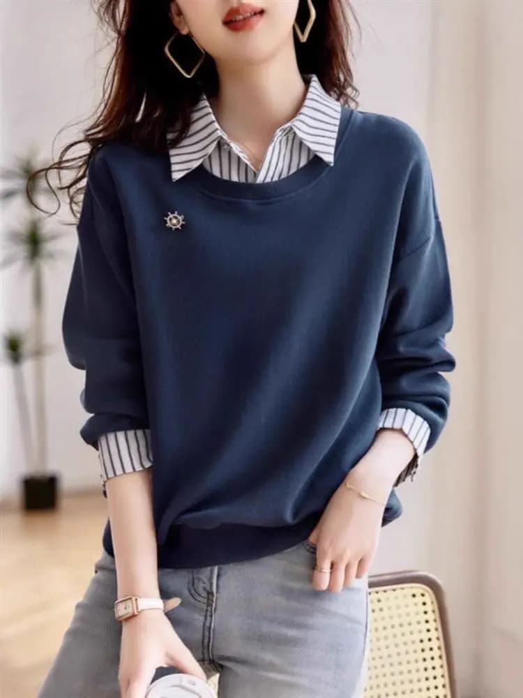Fashionable Long Sleeve Sweatshirt Women's Autumn New Style Casual Slimming Fake Two-Piece Sweatshirt Age-Defying Elegant