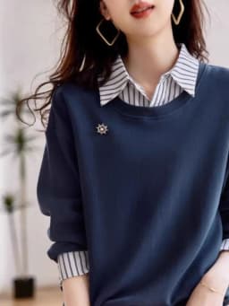 Fashionable Long Sleeve Sweatshirt Women's Autumn New Style Casual Slimming Fake Two-Piece Sweatshirt Age-Defying Elegant