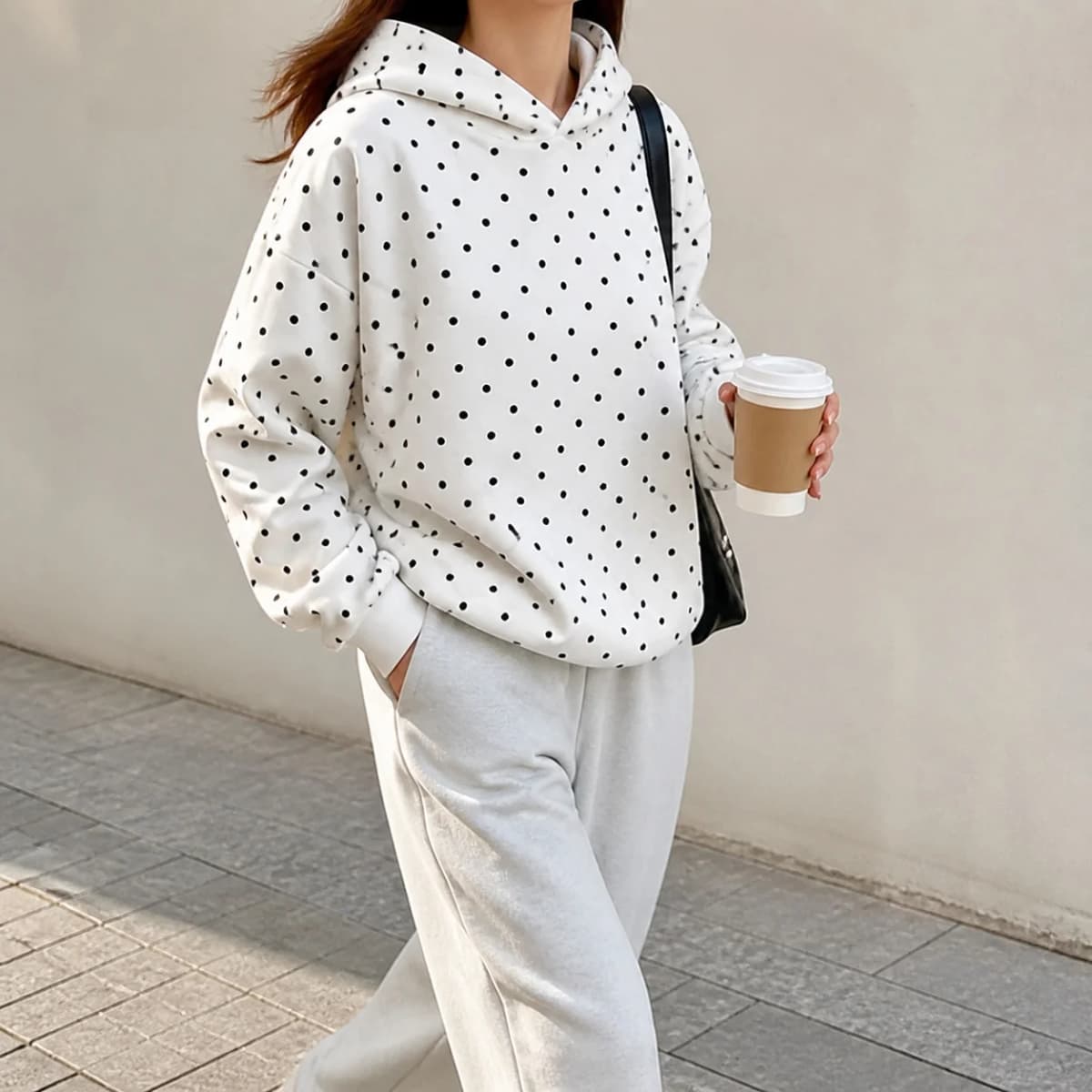 Hooded Loose Fit Hoodie Casual with Polka Dot Regular Sleeve Autumn Women Sweatshirts European and American Style Regular Length