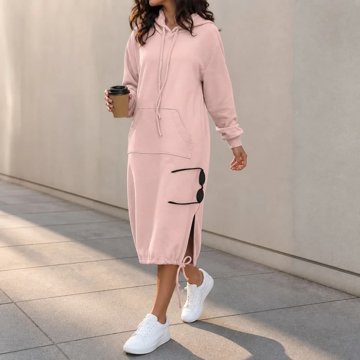 Pullover Hooded Hoodie Regular Thickness Elegant Commuter with Pocket Sweatshirt Loose Fit Wrinkle Treatment Long Hoodie