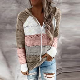 Women Color Block Knitted Jacket Zipper Hooded Coat With Pockets 2024 Autumn And Winter Fashion Sweater Sweatshirts Outerwear