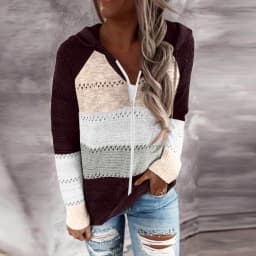 Women Color Block Knitted Jacket Zipper Hooded Coat With Pockets 2024 Autumn And Winter Fashion Sweater Sweatshirts Outerwear