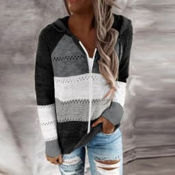 Women Color Block Knitted Jacket Zipper Hooded Coat With Pockets 2024 Autumn And Winter Fashion Sweater Sweatshirts Outerwear