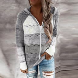 Women Color Block Knitted Jacket Zipper Hooded Coat With Pockets 2024 Autumn And Winter Fashion Sweater Sweatshirts Outerwear