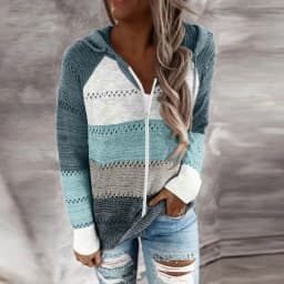Women Color Block Knitted Jacket Zipper Hooded Coat With Pockets 2024 Autumn And Winter Fashion Sweater Sweatshirts Outerwear