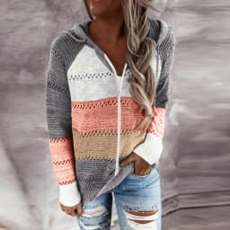Women Color Block Knitted Jacket Zipper Hooded Coat With Pockets 2024 Autumn And Winter Fashion Sweater Sweatshirts Outerwear