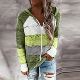 Women Color Block Knitted Jacket Zipper Hooded Coat With Pockets 2024 Autumn And Winter Fashion Sweater Sweatshirts Outerwear