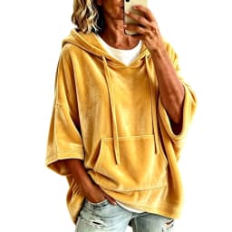 Women Velvet Oversized Hoodie 3/4 Wide Sleeve Drawstring Hooded Sweatshirts With Pocket Loose Casual Autumn Streetwear Tops Y2k