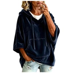 Women Velvet Oversized Hoodie 3/4 Wide Sleeve Drawstring Hooded Sweatshirts With Pocket Loose Casual Autumn Streetwear Tops Y2k