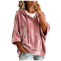 Women Velvet Oversized Hoodie 3/4 Wide Sleeve Drawstring Hooded Sweatshirts With Pocket Loose Casual Autumn Streetwear Tops Y2k