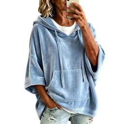 Women Velvet Oversized Hoodie 3/4 Wide Sleeve Drawstring Hooded Sweatshirts With Pocket Loose Casual Autumn Streetwear Tops Y2k