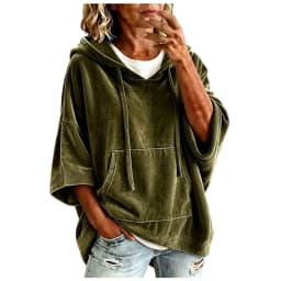 Women Velvet Oversized Hoodie 3/4 Wide Sleeve Drawstring Hooded Sweatshirts With Pocket Loose Casual Autumn Streetwear Tops Y2k