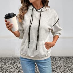 Women's Oversized Color Block Long Sleeve Hoodie Korean Style Contrast Trim Casual Sweatshirt with Black Rope Drawstring Front