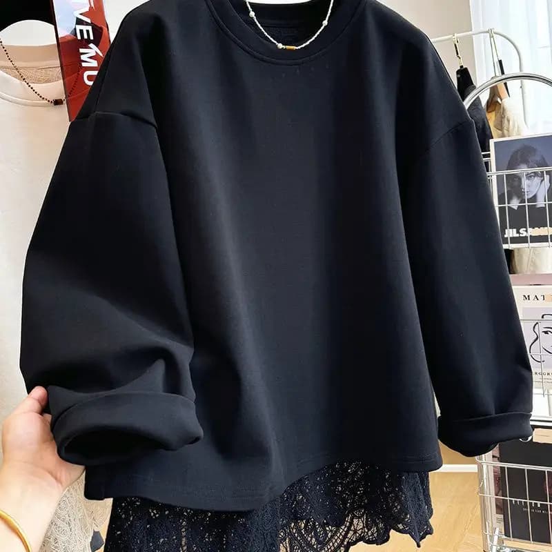 French style fashion lace stitching fake two-piece pullover round neck sweater women's autumn and winter lazy casual loose top
