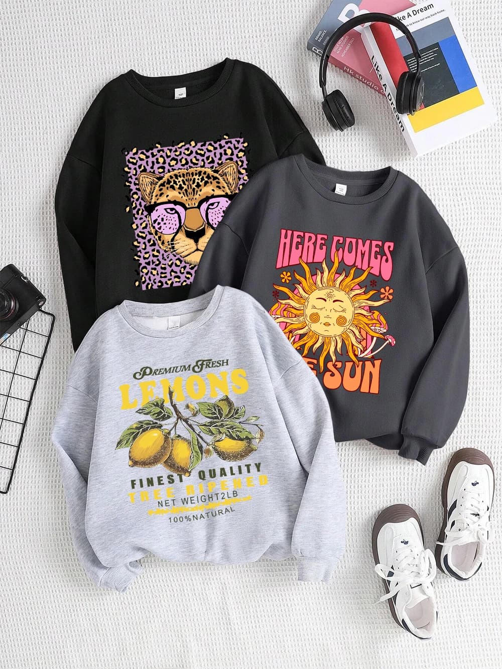 Lemons Leopard And Sun Prints Sweatshirts Winter Women Casual Loose Hoodies Fleece Warm Crewneck Pullover Comfortable Clothes