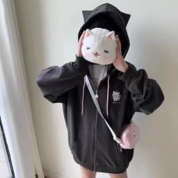 Kawaii Girls Black Cat's Ears Hooded Jackets Street Girl Japanese Subculture Streetwear Korean Cute Zip Up Hoodie Sweatshirts