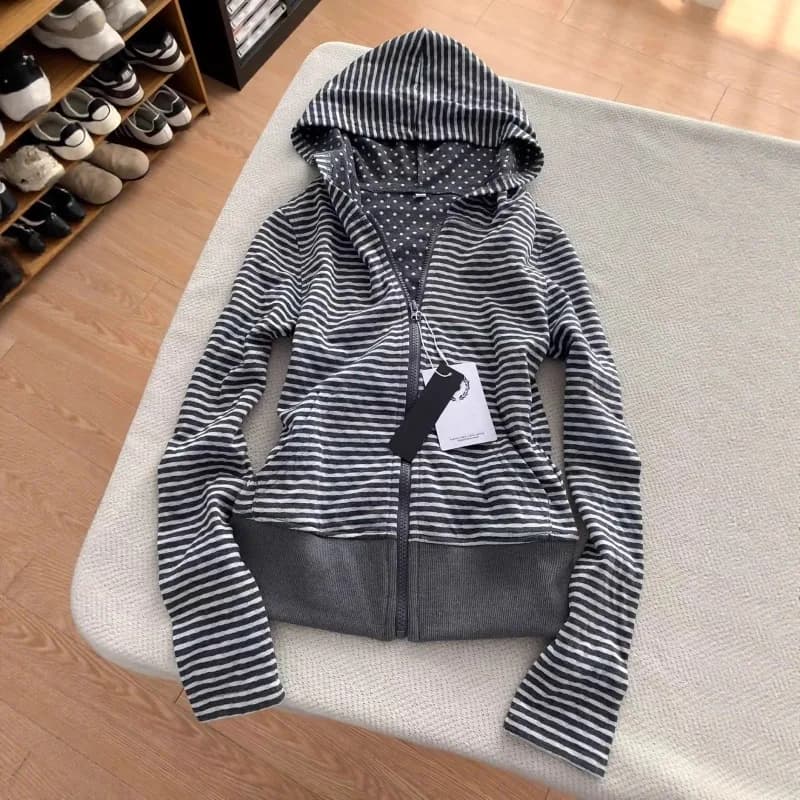 Korean Lazy Style Hooded Cardigan Fashion Vintage Gray White Striped Sweatshirts Spring Autumn Slim Fit Coat Women