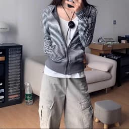 Korean Lazy Style Hooded Cardigan Fashion Vintage Gray White Striped Sweatshirts Spring Autumn Slim Fit Coat Women