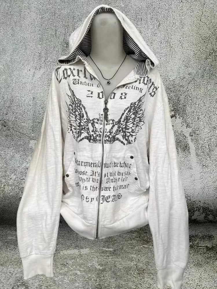 2024 Grunge Print Slim Waist Y2k Hoodies Hooded Autumn Zip Up Sweatshirts Vintage Women Clothing Casual Fashion Long Sleeve Tops