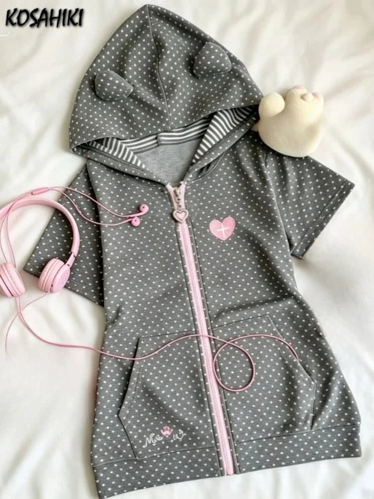 Japanese Polka Dot Embroidery Hoodies Summer Women Casual Slim Fit Zipper Sweatshirt Y2k Aesthetic Vintage Grunge Pocket Hoody