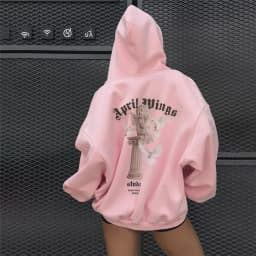Women's Vintage Pink Baby Angel Print Casual Sweatshirt Long Cotton Hooded Coat Oversize Loose Hoodie, Zipper Up Coat, Fall, New