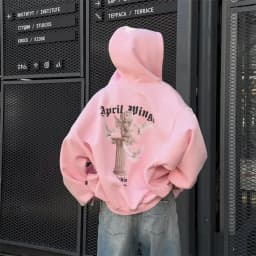 Women's Vintage Pink Baby Angel Print Casual Sweatshirt Long Cotton Hooded Coat Oversize Loose Hoodie, Zipper Up Coat, Fall, New