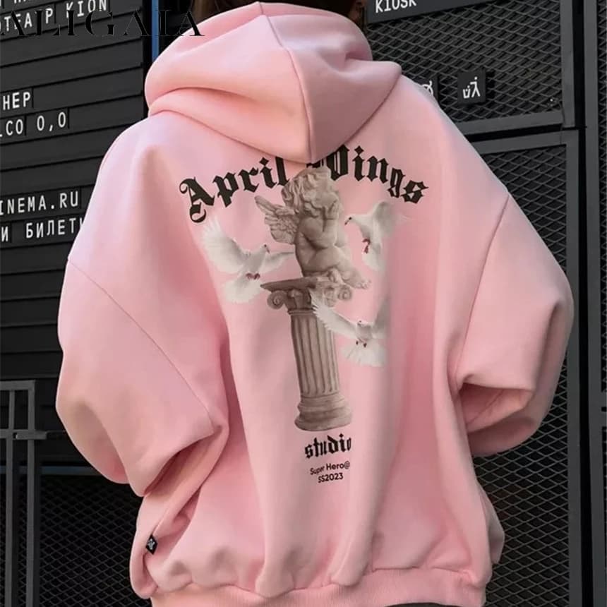 Women's Vintage Pink Baby Angel Print Casual Sweatshirt Long Cotton Hooded Coat Oversize Loose Hoodie, Zipper Up Coat, Fall, New