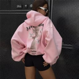 Women's Vintage Pink Baby Angel Print Casual Sweatshirt Long Cotton Hooded Coat Oversize Loose Hoodie, Zipper Up Coat, Fall, New