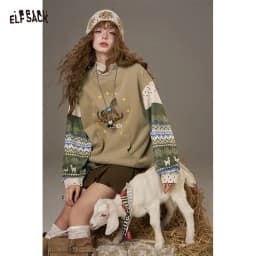 ELFSACK 2025 Autumn New Arrivals Casual Soft Vintage Splicing Design Crew Neck Sweatshirt For Woman