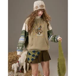 ELFSACK 2025 Autumn New Arrivals Casual Soft Vintage Splicing Design Crew Neck Sweatshirt For Woman
