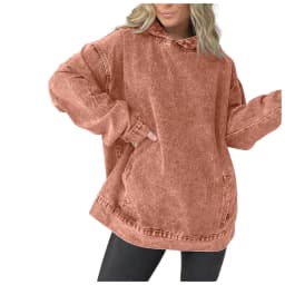 Women Washed Denim Hoodie Long Sleeve Side Pocket Oversized Loose Pullover Stitch Detail Washed Vintage Casual Fall Sweatshirts