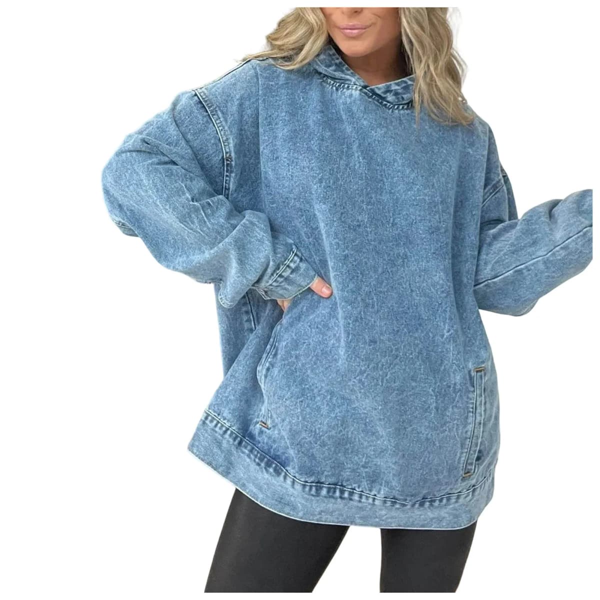 Women Washed Denim Hoodie Long Sleeve Side Pocket Oversized Loose Pullover Stitch Detail Washed Vintage Casual Fall Sweatshirts