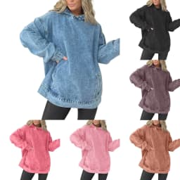 Women Washed Denim Hoodie Long Sleeve Side Pocket Oversized Loose Pullover Stitch Detail Washed Vintage Casual Fall Sweatshirts