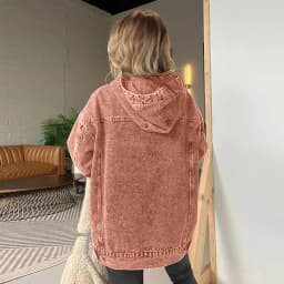Women Washed Denim Hoodie Long Sleeve Side Pocket Oversized Loose Pullover Stitch Detail Washed Vintage Casual Fall Sweatshirts