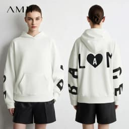 Amii Women's Hooded Letter Print Sweatshirt Loose Drop Shoulder Casual Pullover Autumn 2026 Knit Tops for Women 12643092