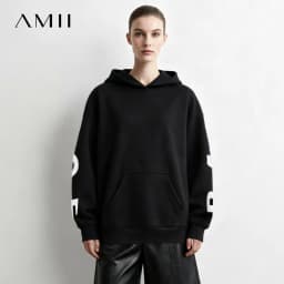 Amii Women's Hooded Letter Print Sweatshirt Loose Drop Shoulder Casual Pullover Autumn 2026 Knit Tops for Women 12643092