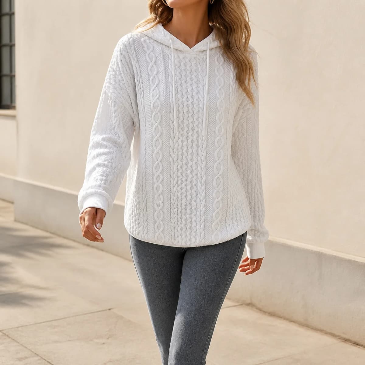 Women's Oversized Medium Weight Long Sleeve Solid Color Hoodie with Drawstring Casual Mid-Length Jacquard Women's Sweatshirt