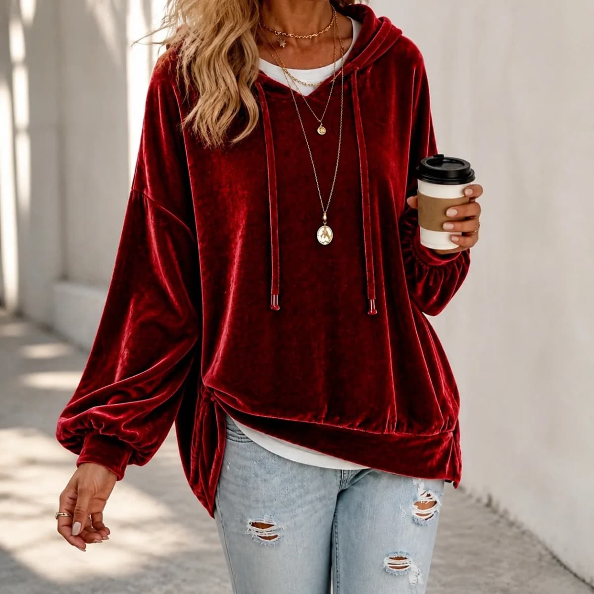 Women's Winter Clothing Hoodie with Fleece Lining Long Sleeve Irregular Hem 3D Effect Velvet Neck Regular Fit Female Clothing
