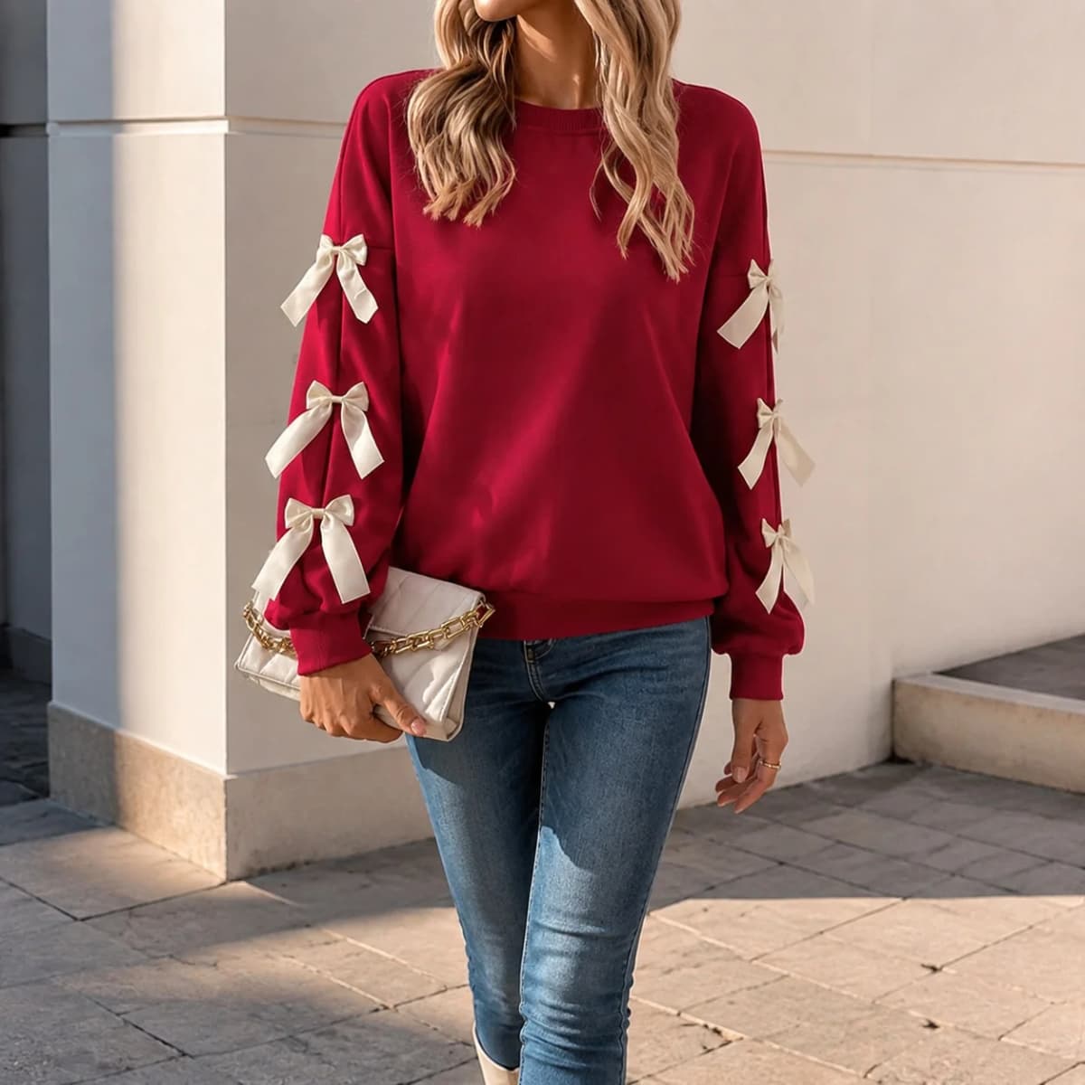 Round Neck Bow Sweatshirt Regular Length Sweet and Fresh with Pullover Patchwork Regular Sleeve Autumn Loose Fit Women Hoodie