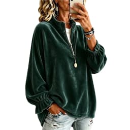 Women Velvet Half Zip Sweatshirt Stand Collar Elastic Ruffle Long Sleeve Oversized Pullover Casual Autumn Winter Streetwear Tops
