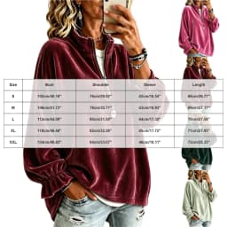 Women Velvet Half Zip Sweatshirt Stand Collar Elastic Ruffle Long Sleeve Oversized Pullover Casual Autumn Winter Streetwear Tops
