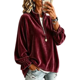 Women Velvet Half Zip Sweatshirt Stand Collar Elastic Ruffle Long Sleeve Oversized Pullover Casual Autumn Winter Streetwear Tops