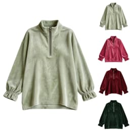 Women Velvet Half Zip Sweatshirt Stand Collar Elastic Ruffle Long Sleeve Oversized Pullover Casual Autumn Winter Streetwear Tops