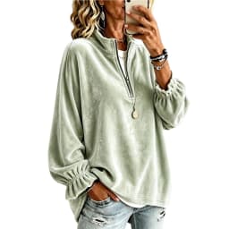 Women Velvet Half Zip Sweatshirt Stand Collar Elastic Ruffle Long Sleeve Oversized Pullover Casual Autumn Winter Streetwear Tops