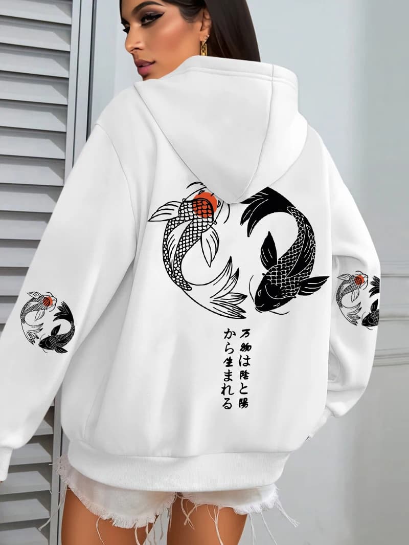 Japanese Koi Harajuku Illustration Prints Women Hoodie Loose Y2K Hoody Multicolor Autumn Hoodies Fleece Soft Woman Sportswear