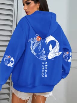 Japanese Koi Harajuku Illustration Prints Women Hoodie Loose Y2K Hoody Multicolor Autumn Hoodies Fleece Soft Woman Sportswear
