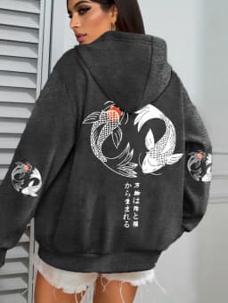 Japanese Koi Harajuku Illustration Prints Women Hoodie Loose Y2K Hoody Multicolor Autumn Hoodies Fleece Soft Woman Sportswear