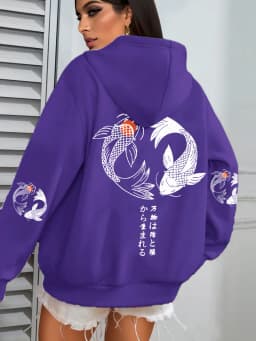 Japanese Koi Harajuku Illustration Prints Women Hoodie Loose Y2K Hoody Multicolor Autumn Hoodies Fleece Soft Woman Sportswear