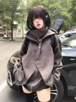 Zipper Sweatshirts Casual Streetwear Grunge Jacket Y2k Stand Neck Subculture Harajuku Vintage Coats with Hooded Women Loose